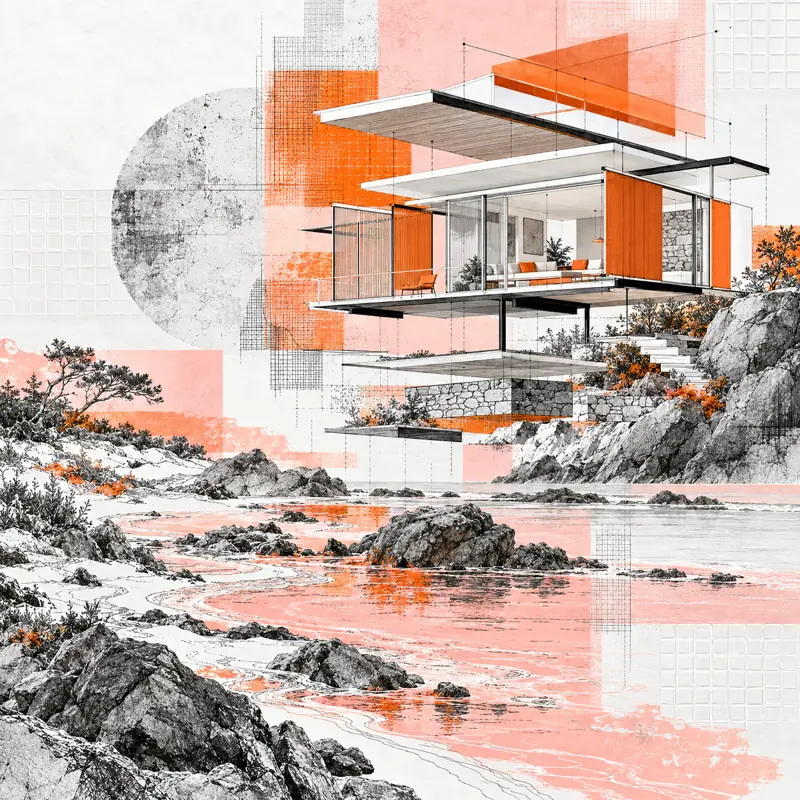 Imagined coastal house in coral and graphite collage.