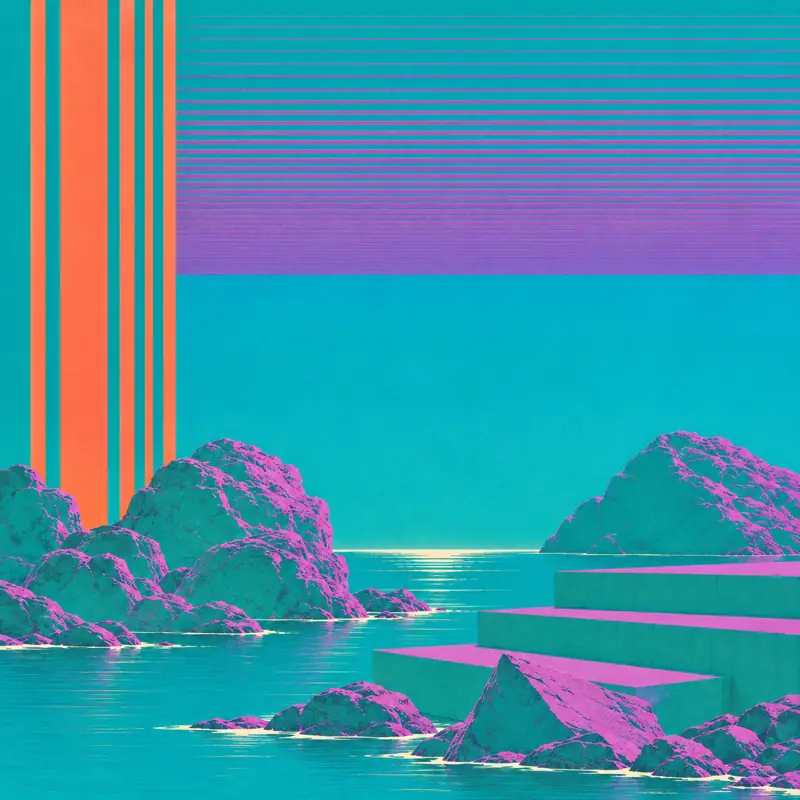 Abstract teal coastal artwork with coral stripes and sculptural rocks.