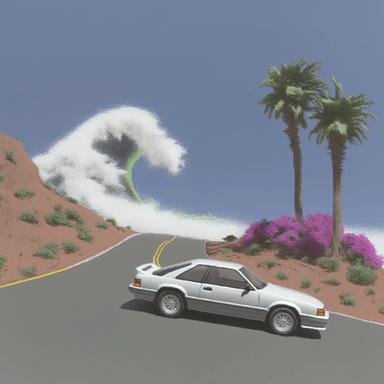 An imagined coastal road, silver car and an oversized curling wave from Michael Hoydich’s Midjourney archive