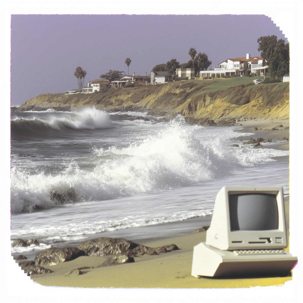 Imagined artwork of a vintage computer beside a breaking ocean wave, by Michael Hoydich
