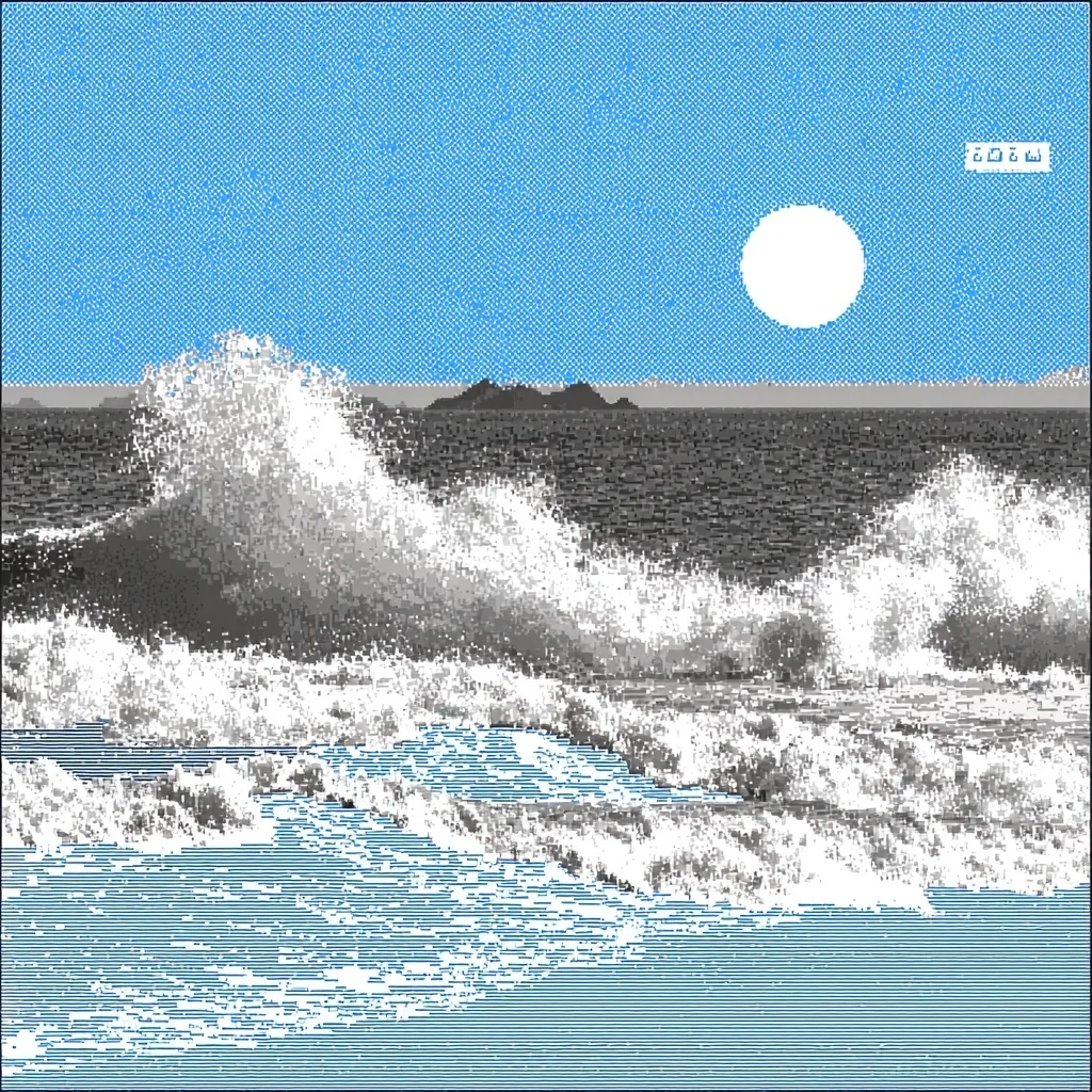 Blue hour surf: an imagined graphic ocean with black-and-white waves and a white sun