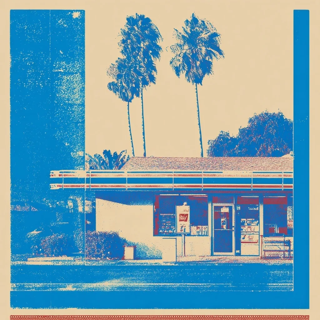 An imagined blue and cream roadside shop beneath tall palm trees, from Michael Hoydich’s Midjourney archive