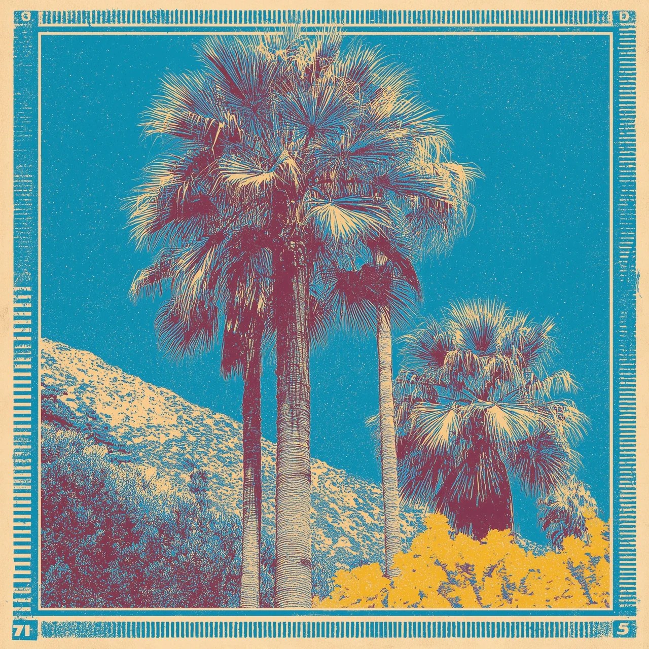 An imagined print-like scene of colorful palms and flowering shrubs.