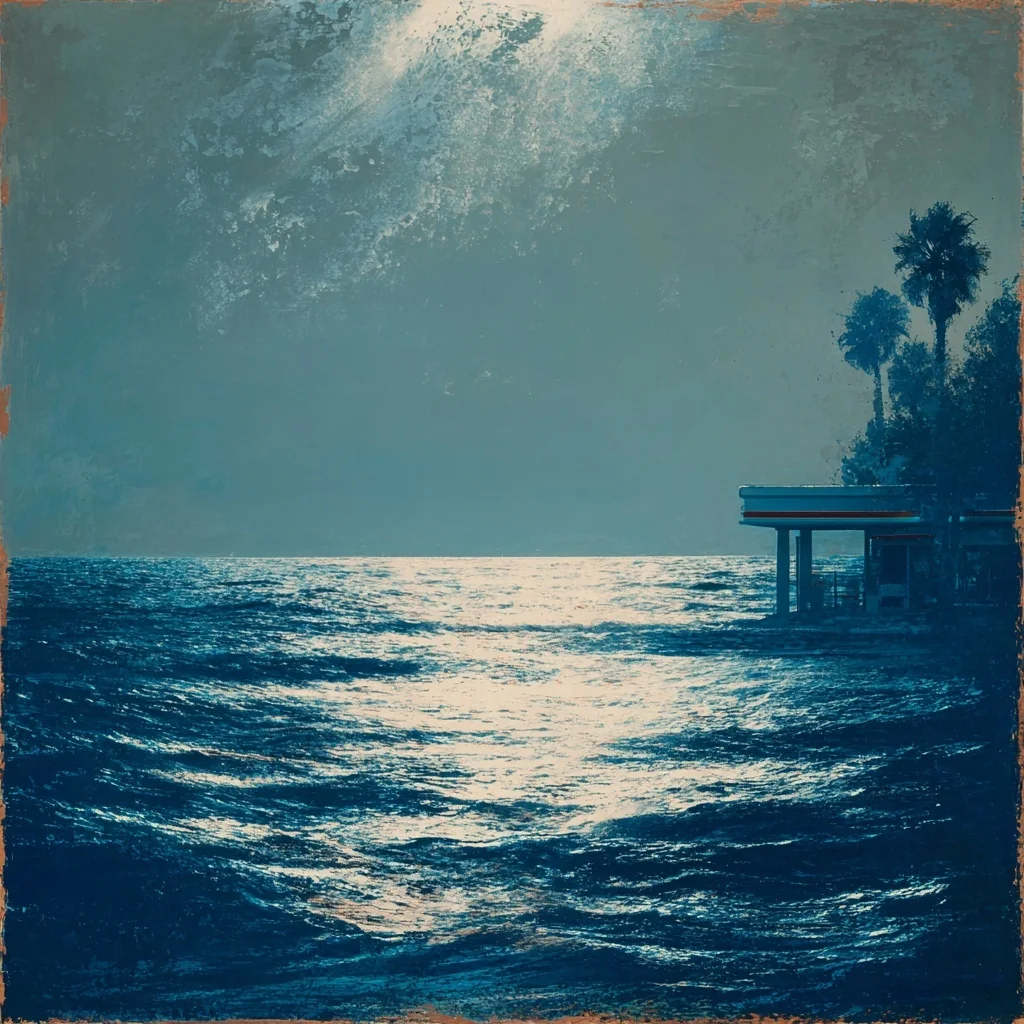 Imagined artwork by Michael Hoydich: a moonlit sea with palm silhouettes and a small coastal structure. Not a photograph.
