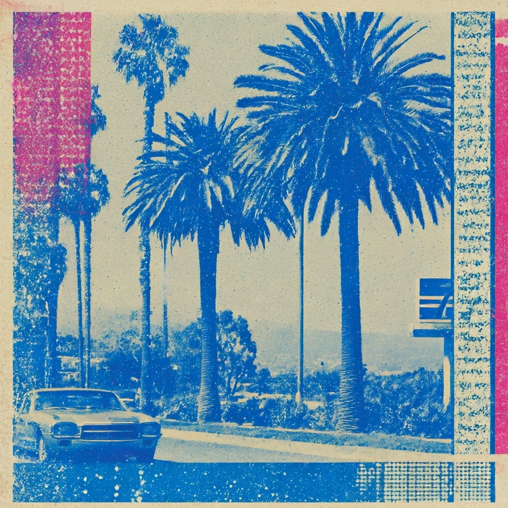 Imagined blue and magenta neighborhood street lined with palms, by Michael Hoydich.