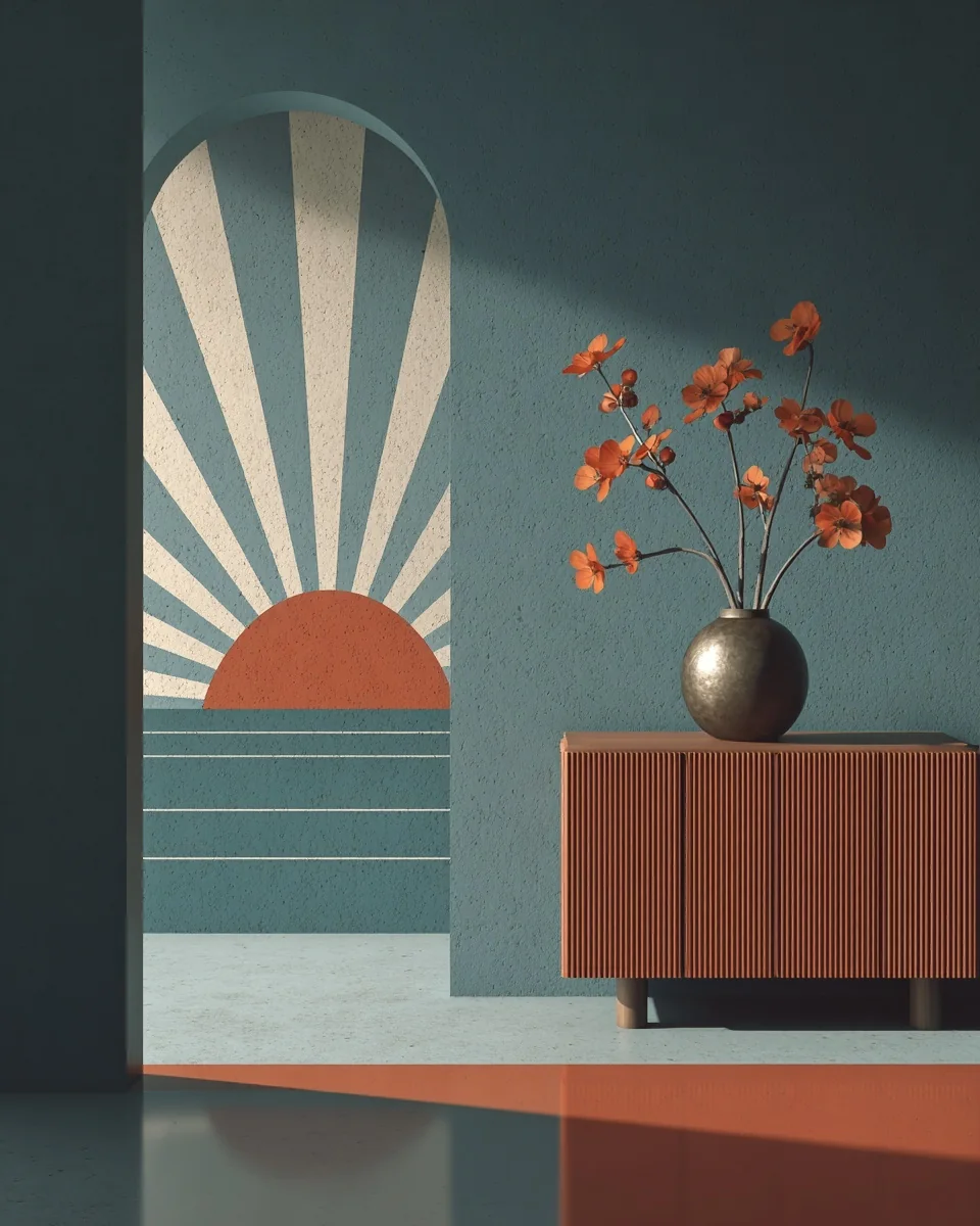 A modern interior with an arched sunburst, low cabinet and vase of orange flowers.