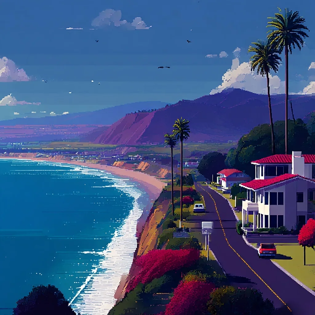 An imagined palm-lined coast road curves past houses above a bright blue bay.
