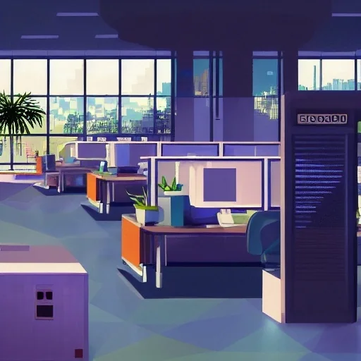 An imagined geometric workspace with plants, desks and bright windows, by Michael Hoydich