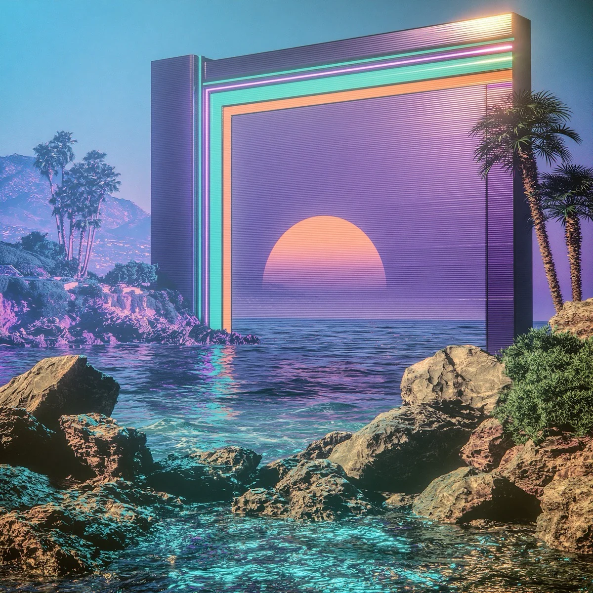 Michael Hoydich’s imagined artwork: a glowing multicolor portal frames the sun over an ocean cove.