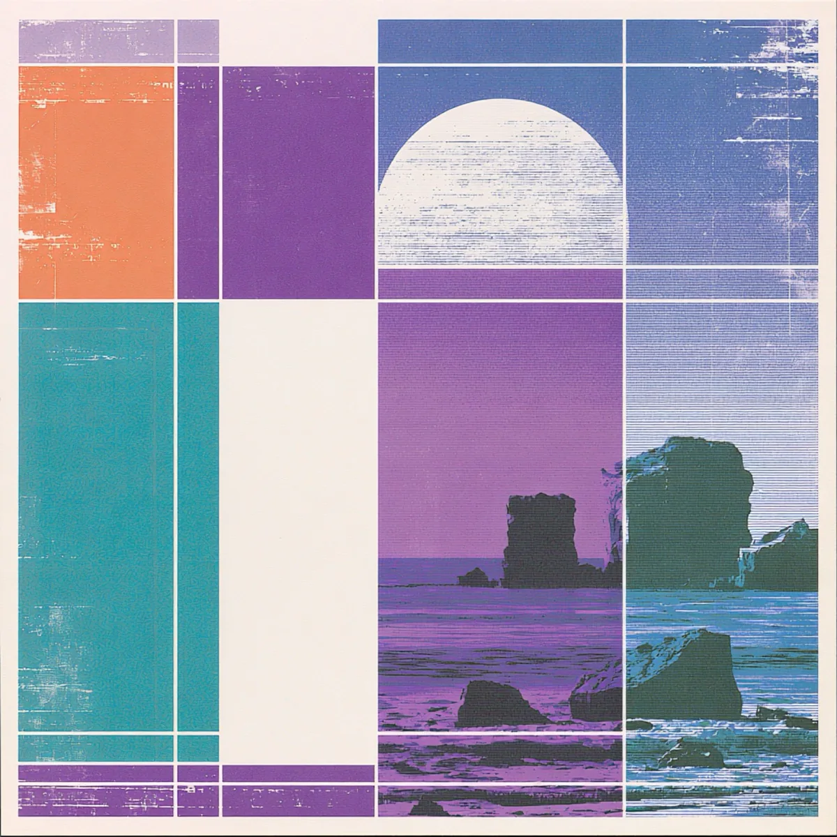 Michael Hoydich’s imagined artwork: a white sun and violet sea through teal and coral geometric panels.