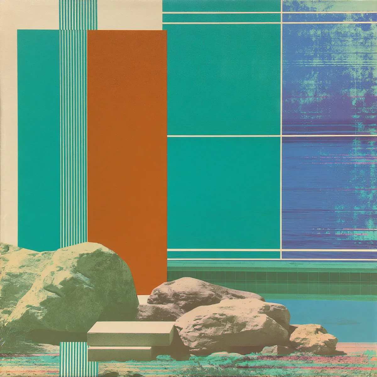Imagined coastal boulders and blue water with teal and burnt-orange panels