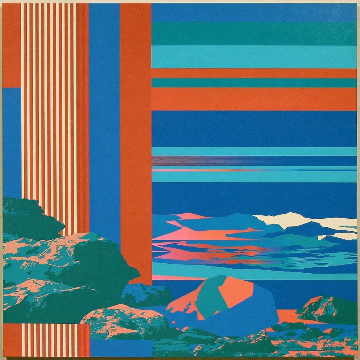 Imagined Pacific architecture in bold teal and orange, by Michael Hoydich