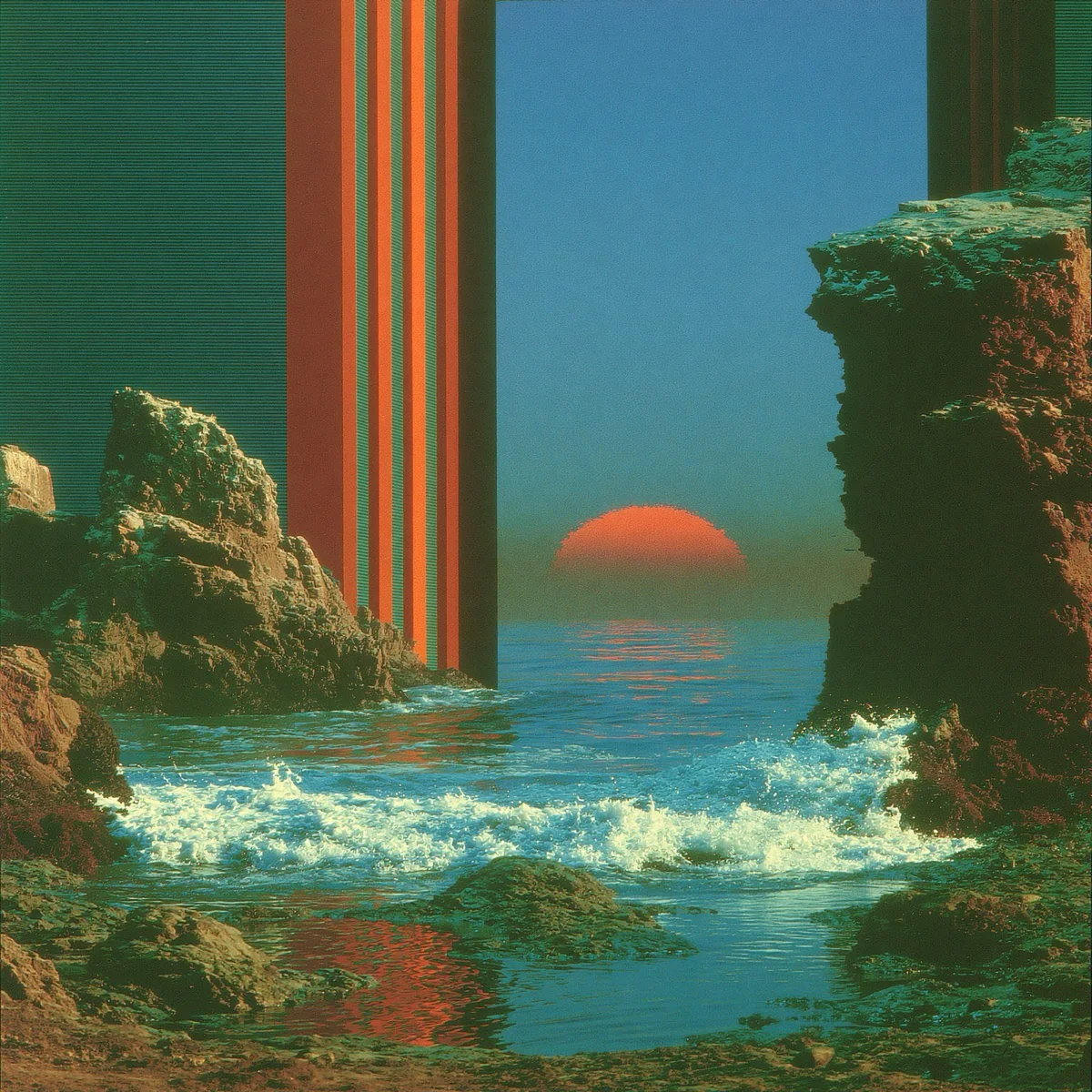 Imagined artwork by Michael Hoydich: an orange setting sun shines through a rocky ocean opening with multicolor vertical bands. Not a photograph.