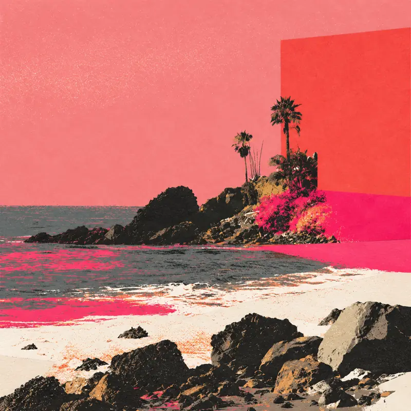 Imagined pink coastline with palms, charcoal rocks and print textures.