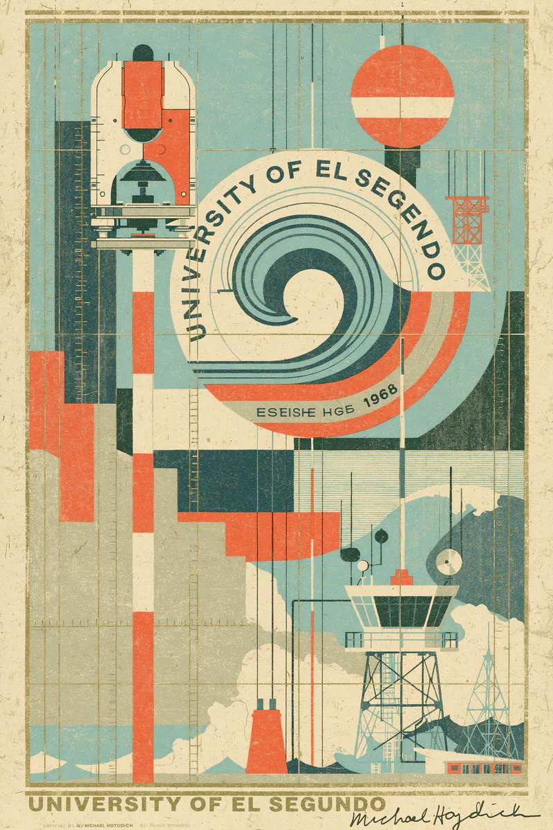 Original University of El Segundo poster by Michael Hoydich, with a turquoise and coral spiral-wave emblem