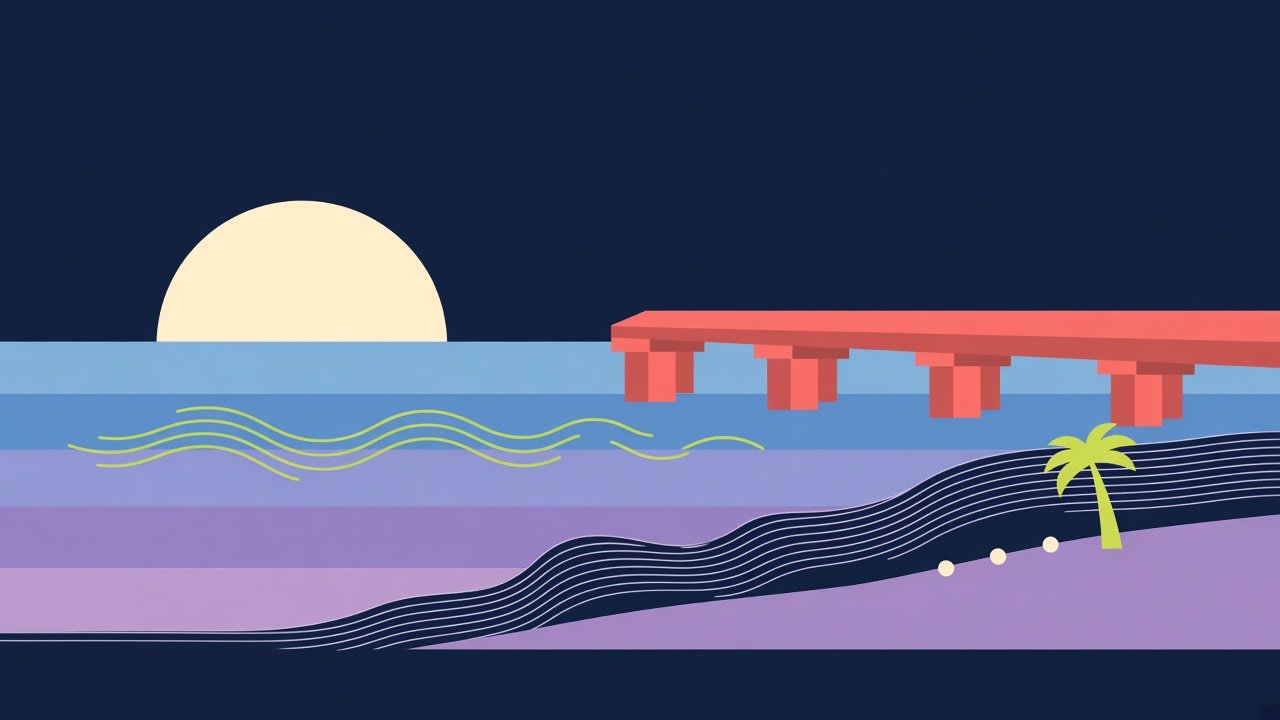 Generated geometric artwork of a sunrise over the ocean and a pier. Not a photograph.