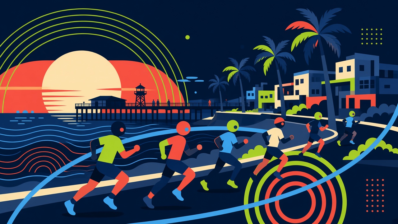 Generated artwork of a night half marathon along the Hermosa Beach strand. Not a photograph of the race.