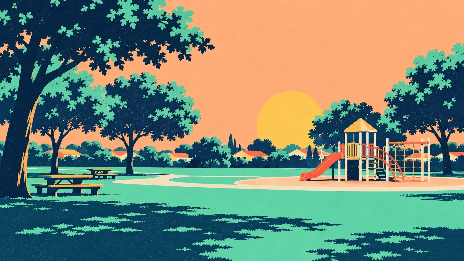 Generated poster art of a neighborhood park with a playground, a lawn and picnic tables under shade trees. Not a photograph.