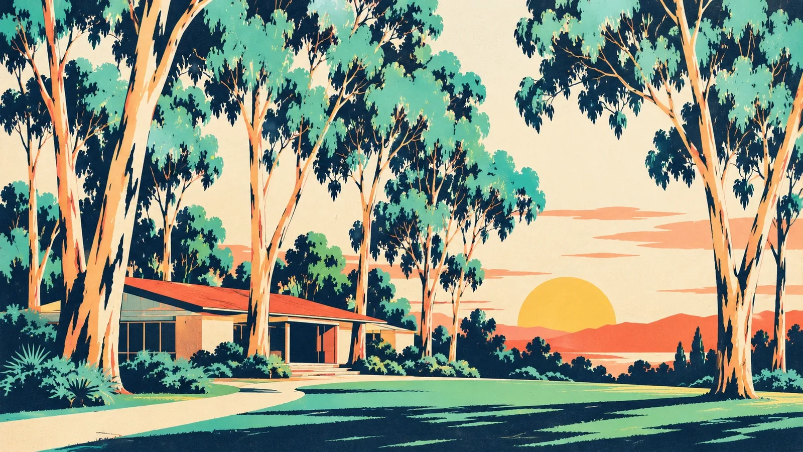 Generated poster art of a low recreation building among tall eucalyptus trees, with a lawn and a curving path. Not a photograph.
