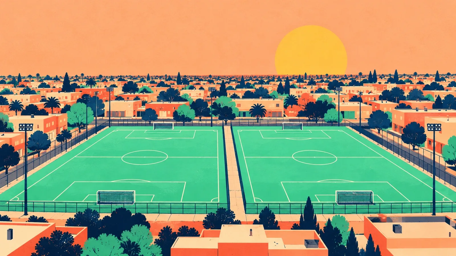 Generated poster art of two turf athletic fields side by side with goals and tall light poles, surrounded by low buildings and trees. Not a photograph.