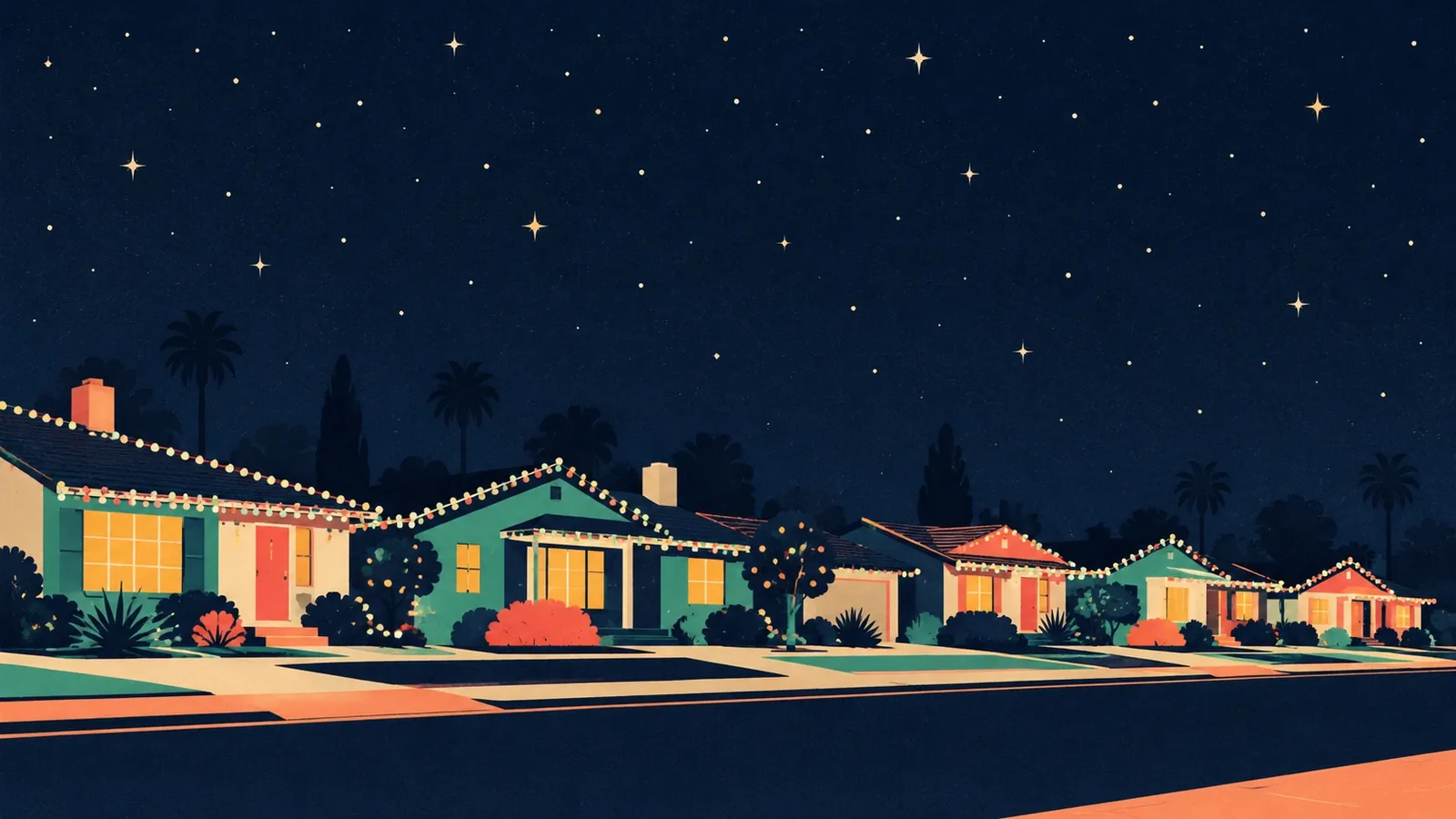 Generated poster art of a quiet street at night with a row of small single-story houses outlined in holiday lights under a starry sky. Not a photograph.