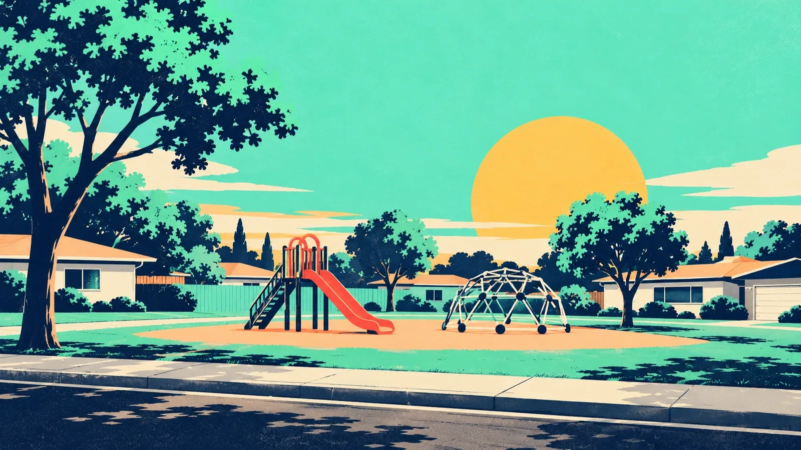 Generated poster art of a small playground with a slide and a dome climber on a quiet residential street of low houses. Not a photograph.