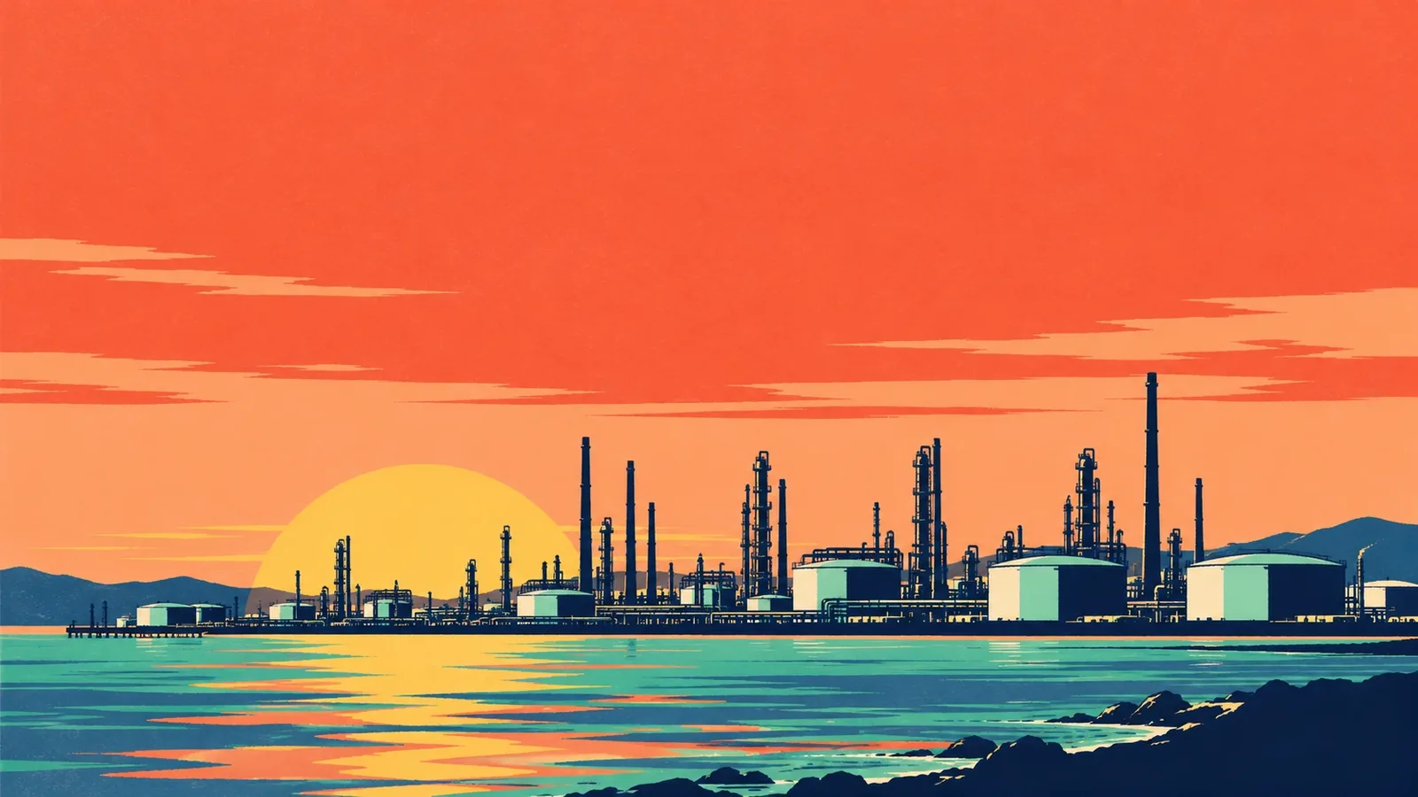 Generated poster art of a coastal refinery skyline at dusk, with storage tanks, stacks and towers across the water and a low sun. Not a photograph.