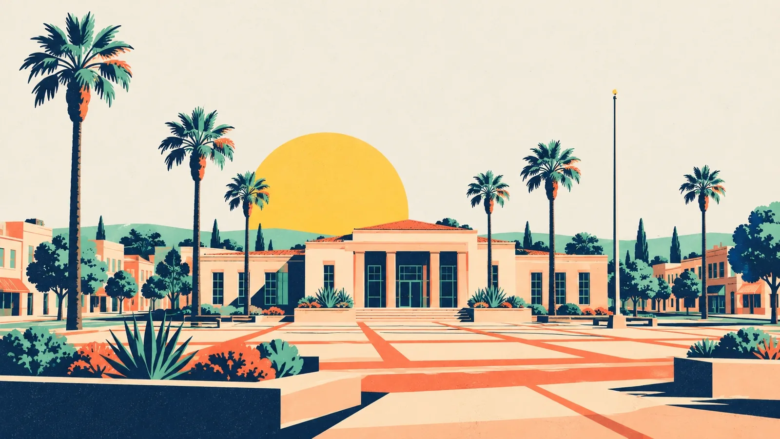 Generated poster art of a low civic building with a columned entry, a paved plaza with planters, palms and a flagpole. Not a photograph.