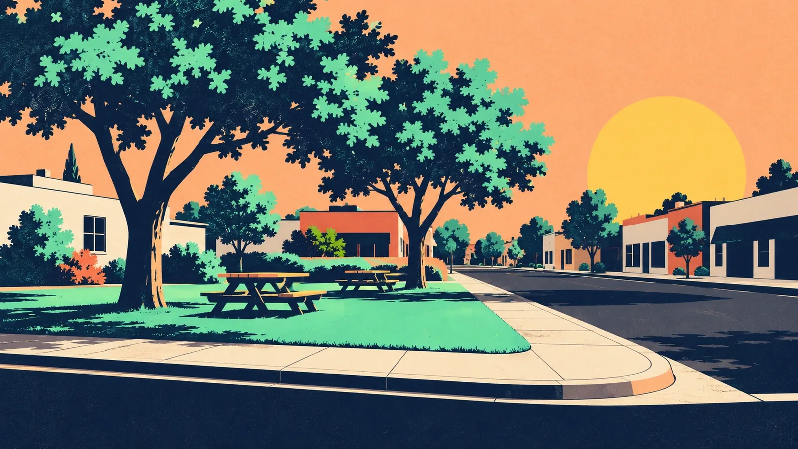 Generated poster art of a small corner park with picnic tables under shade trees where two streets meet among low buildings. Not a photograph.