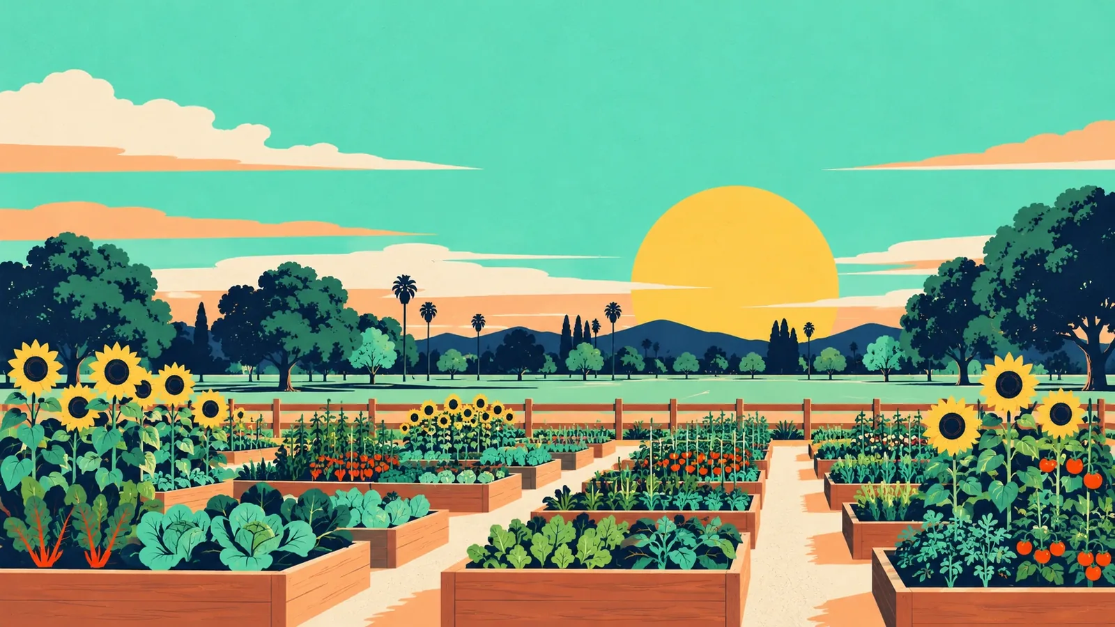 Generated poster art of rows of raised garden beds full of vegetables and sunflowers, with a low fence and park trees behind. Not a photograph.