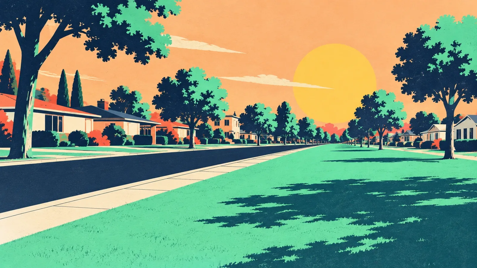 Generated poster art of a long strip of lawn beside a residential street, edged with shade trees and low houses. Not a photograph.