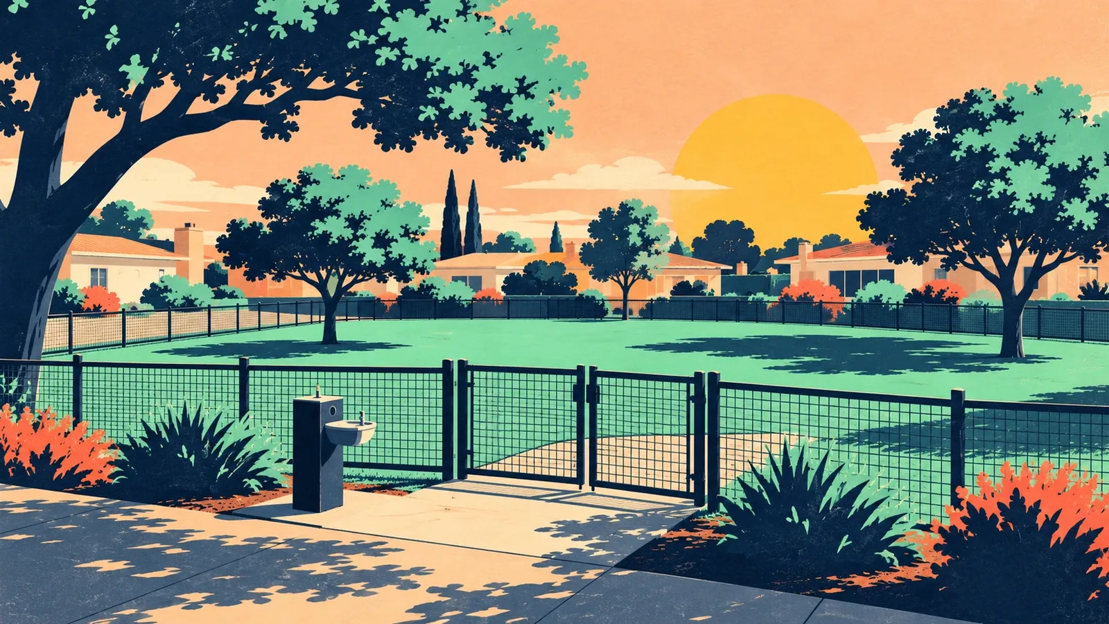 Generated poster art of an empty fenced dog park with a gate, a lawn, a drinking fountain and shade trees. Not a photograph.