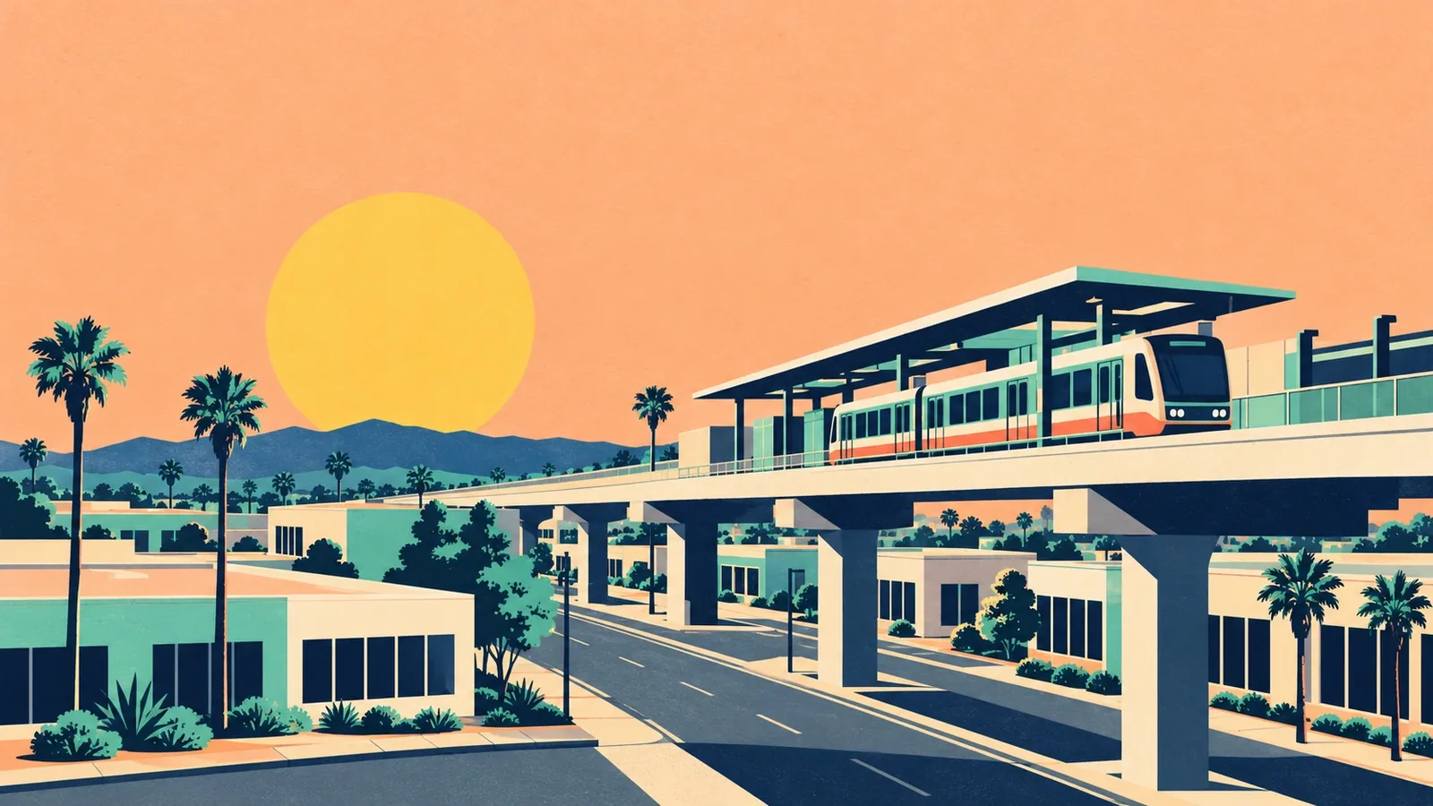 Generated poster art of a train pulling into a covered elevated station above a quiet street of low office buildings, with hills far off. Not a photograph.