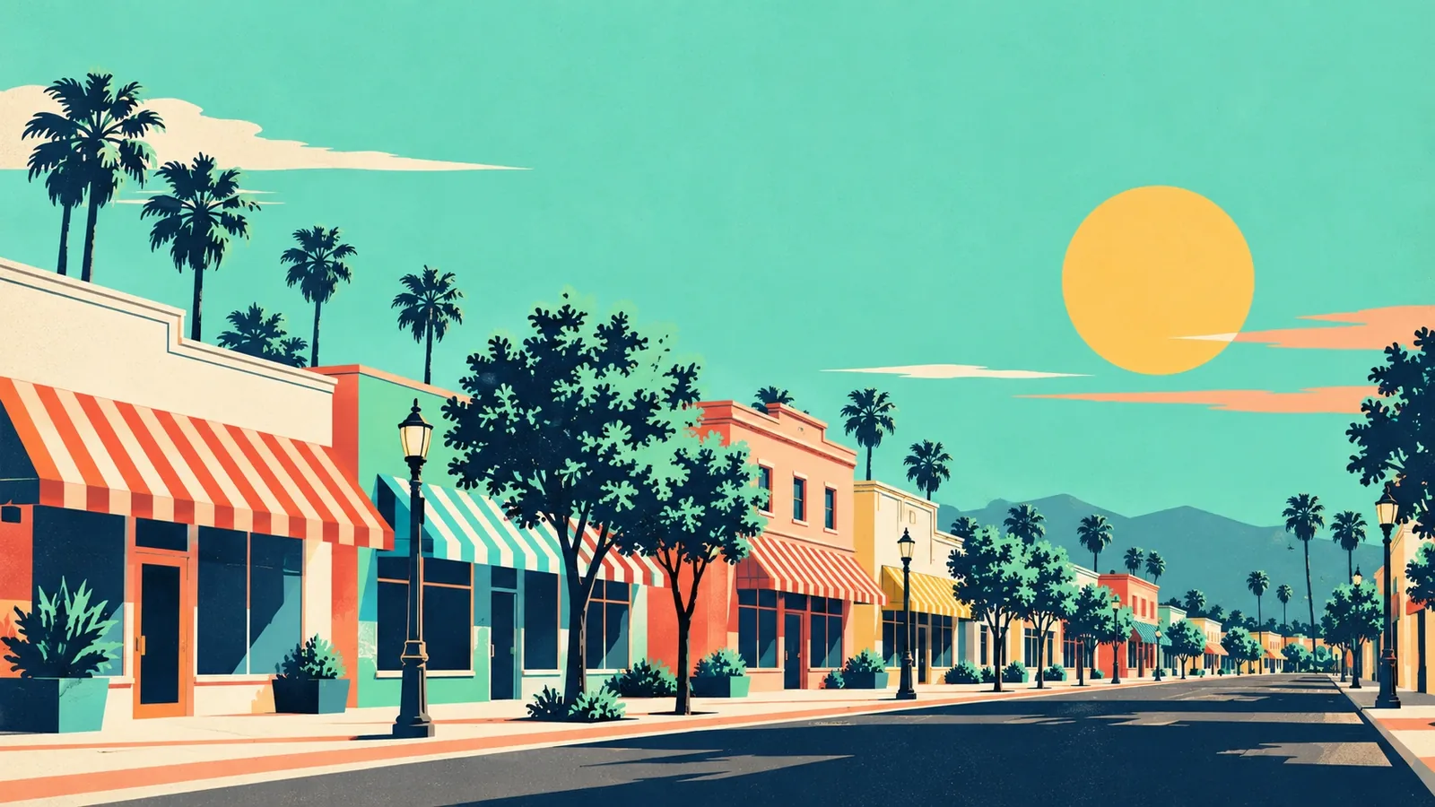 Generated poster art of a palm-lined Main Street of low storefronts with striped awnings, street trees and old lamp posts under a big sun. Not a photograph.