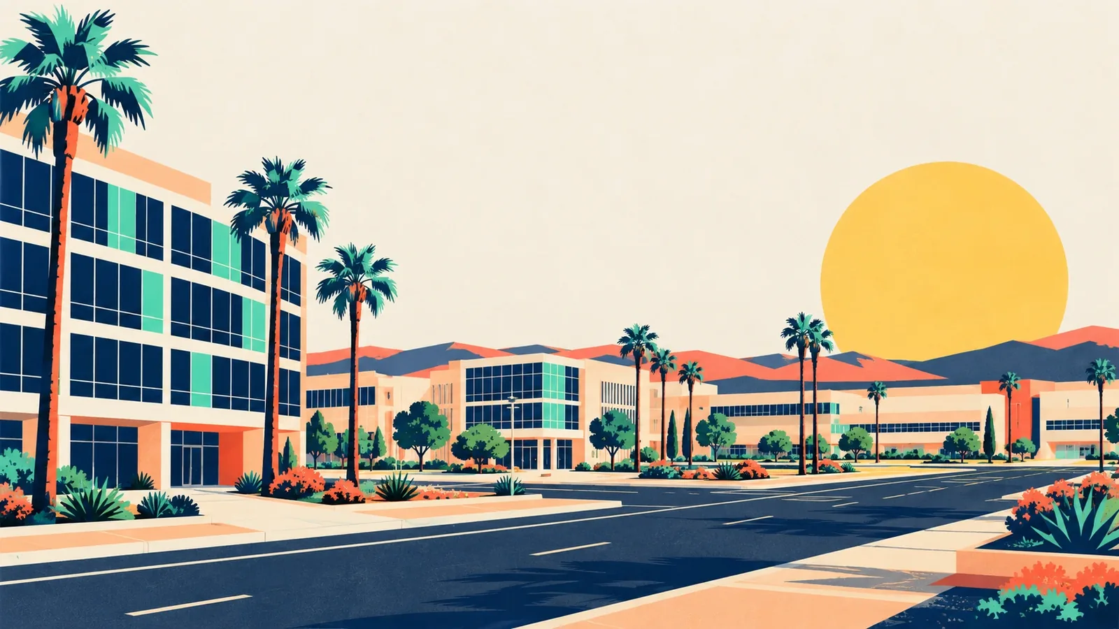 Generated poster art of low and mid-rise glass office campuses along a wide road lined with palms. Not a photograph.