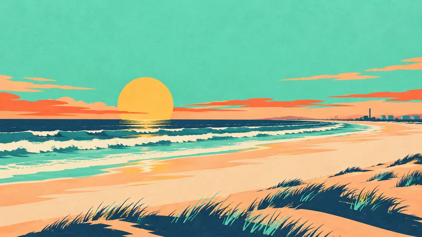 Generated poster art of a wide sandy beach at sunset, with rolling surf, grassy dunes in front and low industrial shapes far down the shore. Not a photograph.