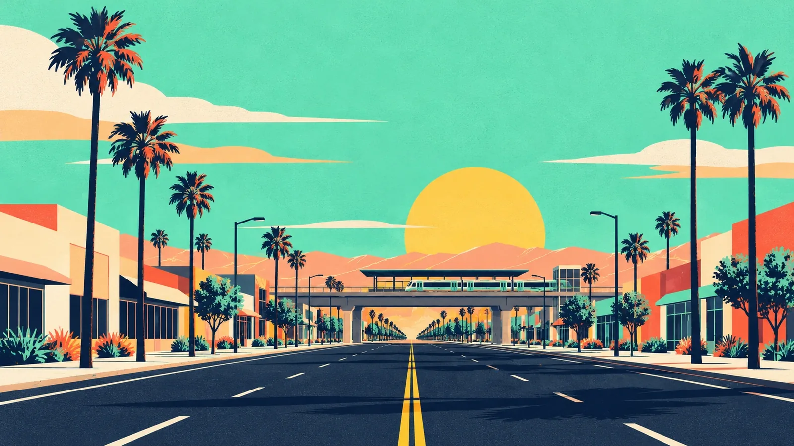 Generated poster art of a long palm-lined boulevard of low buildings running straight toward an elevated rail station under a big sun. Not a photograph.