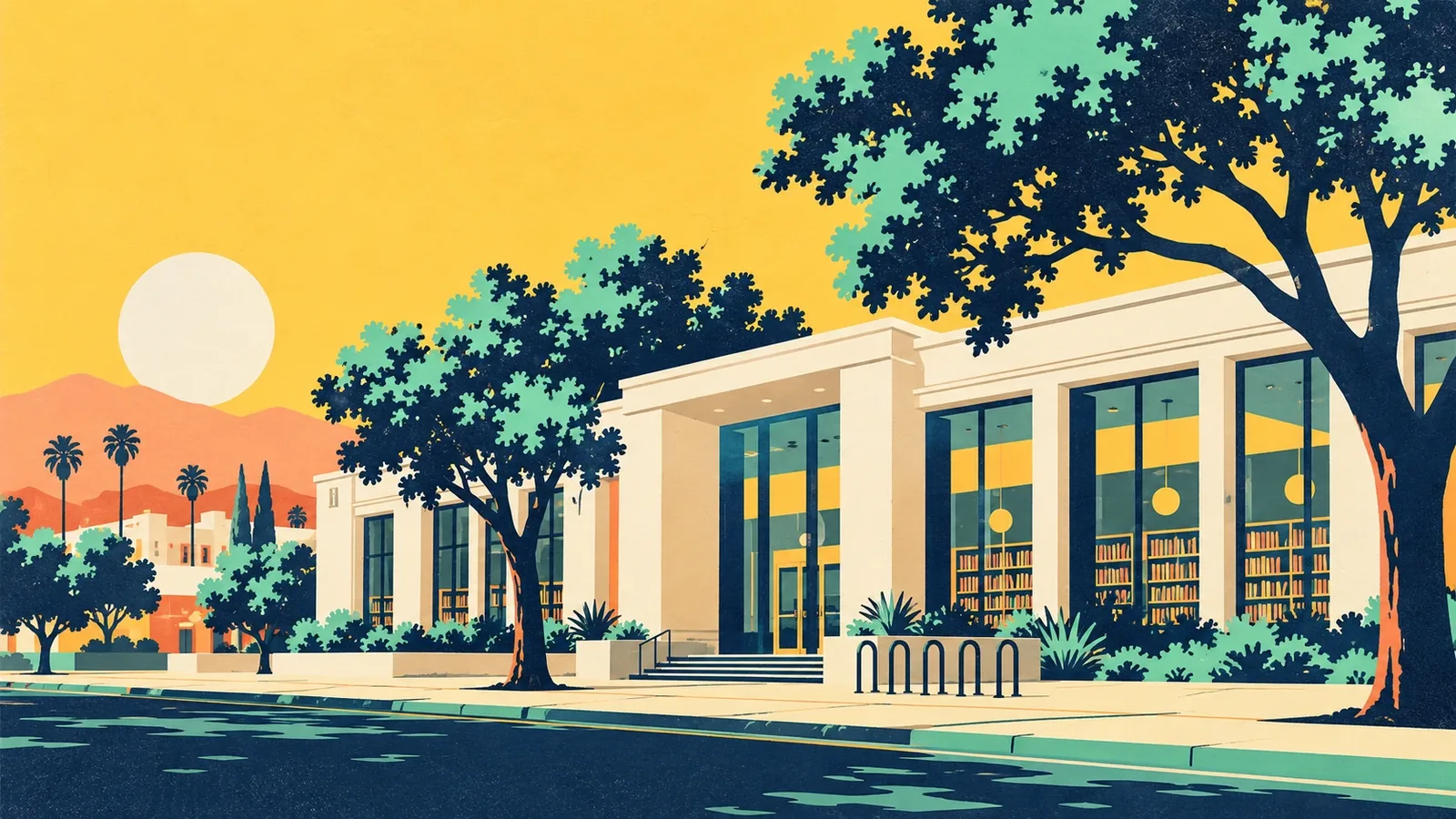 Generated poster art of a pale library building with tall windows, shade trees and a bike rack on a quiet street. Not a photograph.
