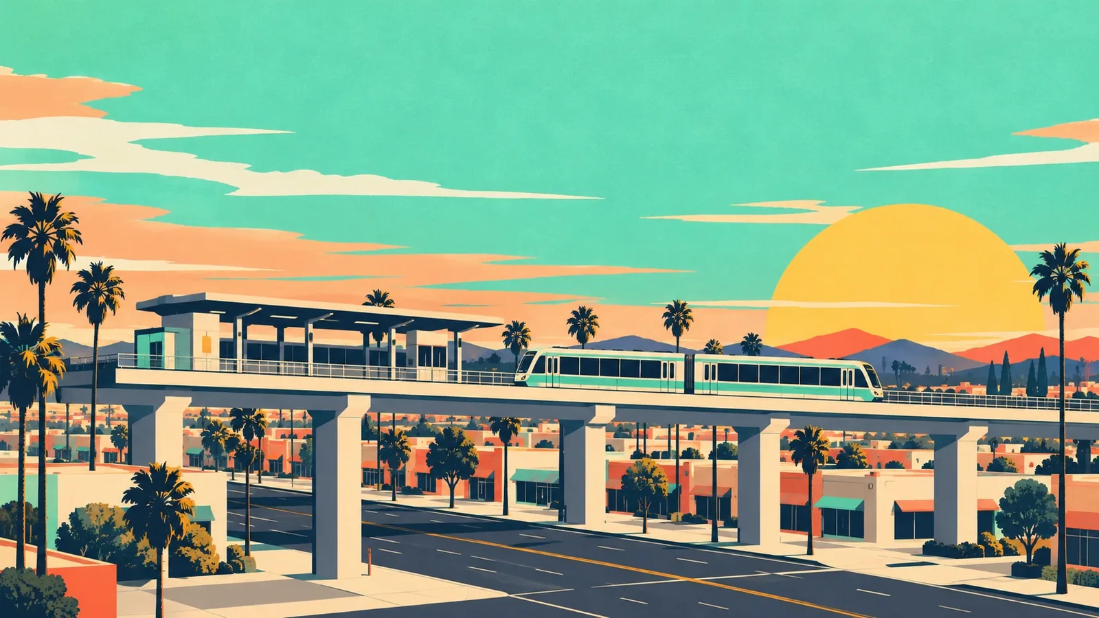 Generated poster art of a two-car light-rail train on an elevated guideway beside a covered station, above a wide boulevard of low buildings and palms. Not a photograph.