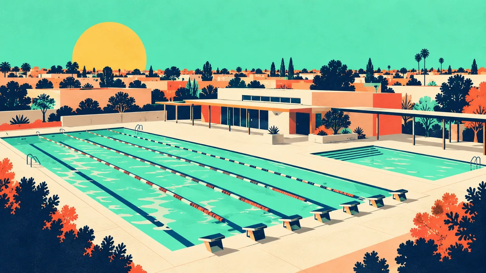 Generated poster art of an outdoor aquatics center with a long lane pool, starting blocks and a smaller teaching pool, low buildings and palms behind. Not a photograph.