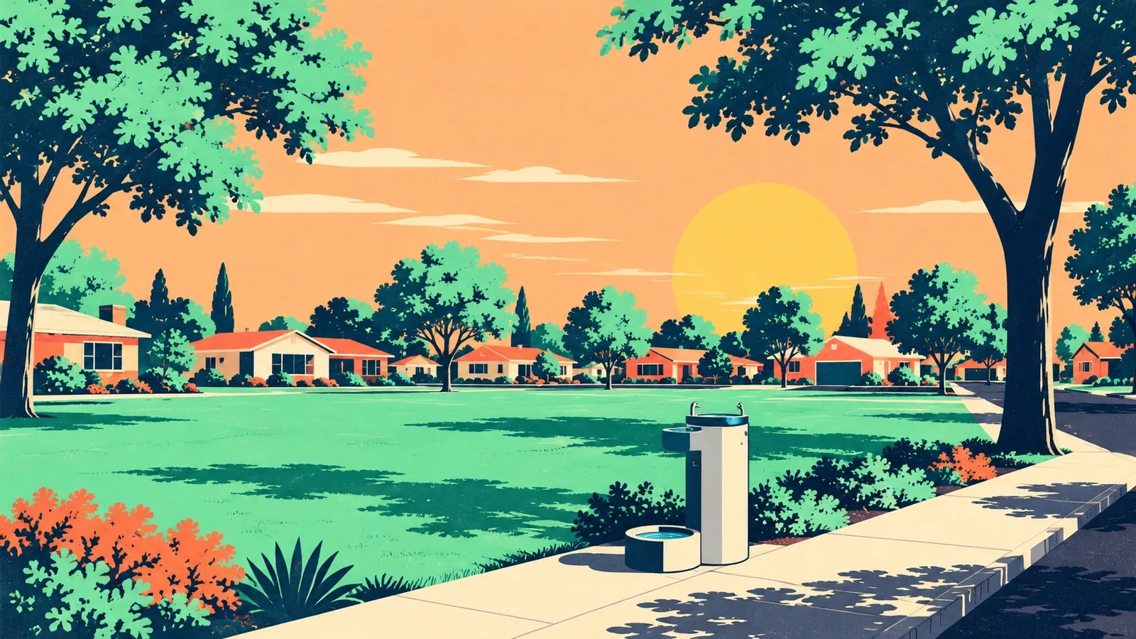 Generated poster art of an open lawn park along a residential street, with a drinking fountain, shrubs and shade trees. Not a photograph.