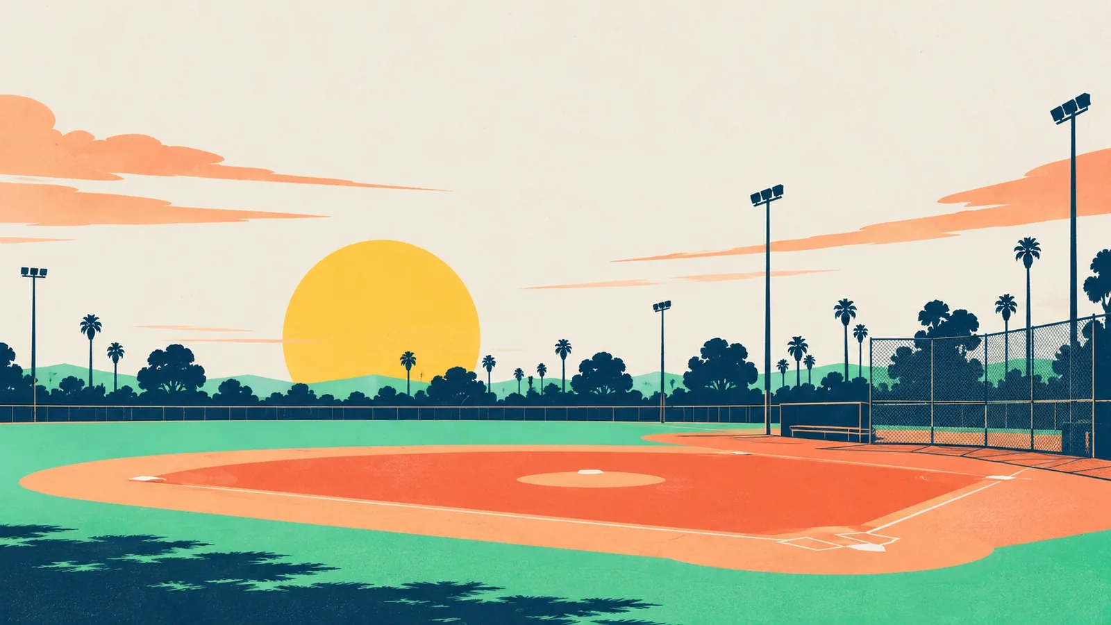 Generated poster art of a small-town ball diamond with a dirt infield, a low backstop and tall light poles at the edge of a park. Not a photograph.