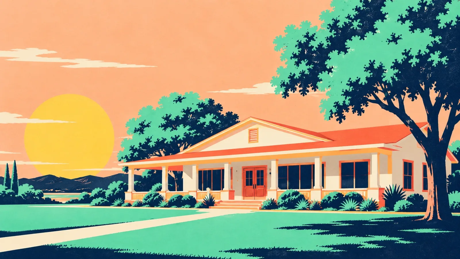Generated poster art of a single-story clubhouse with a wide front porch, a lawn and big shade trees. Not a photograph.