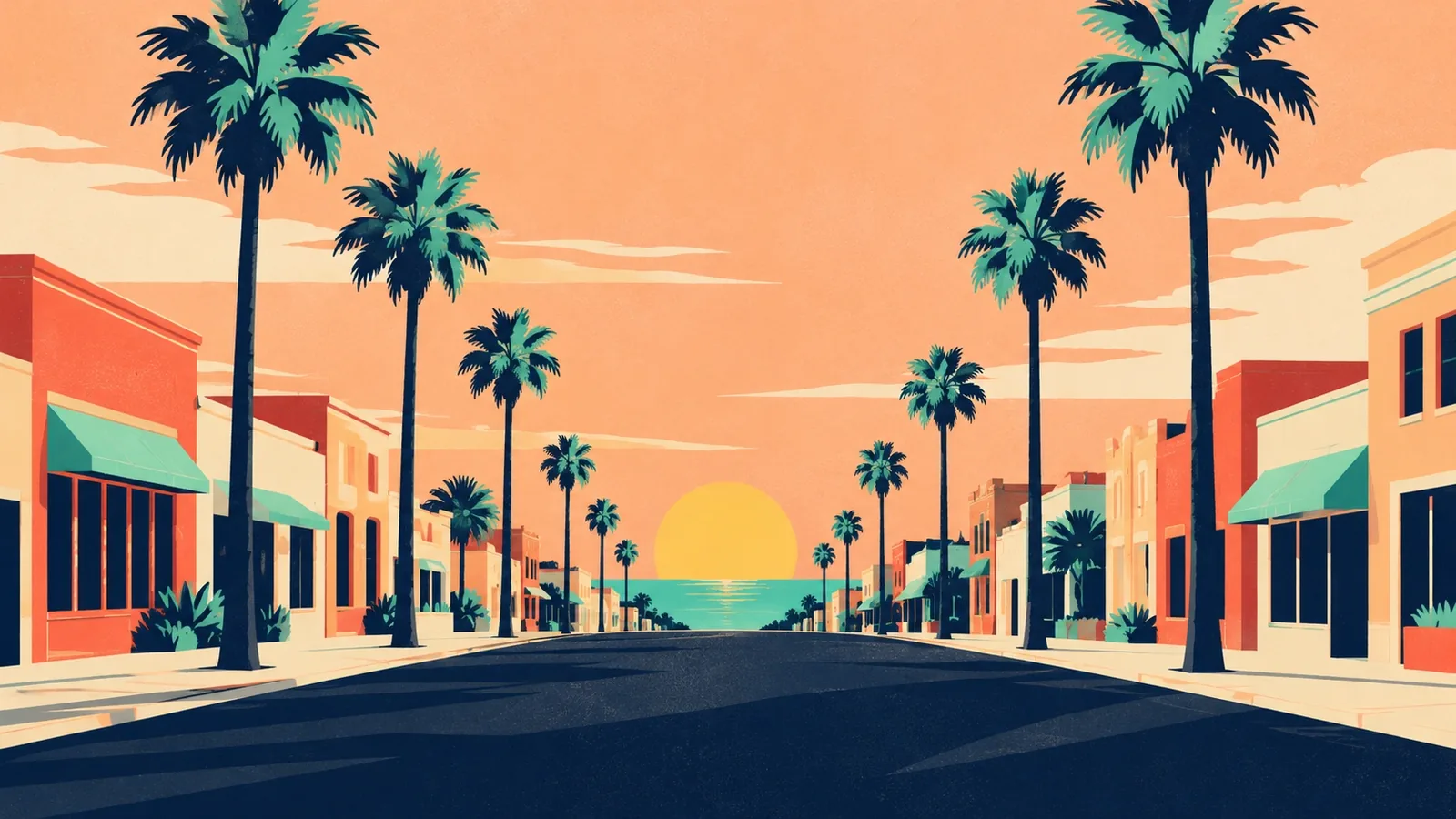 Generated poster art of a palm-lined street of low storefronts running west to a glimpse of the sea under a low sun. Not a photograph.