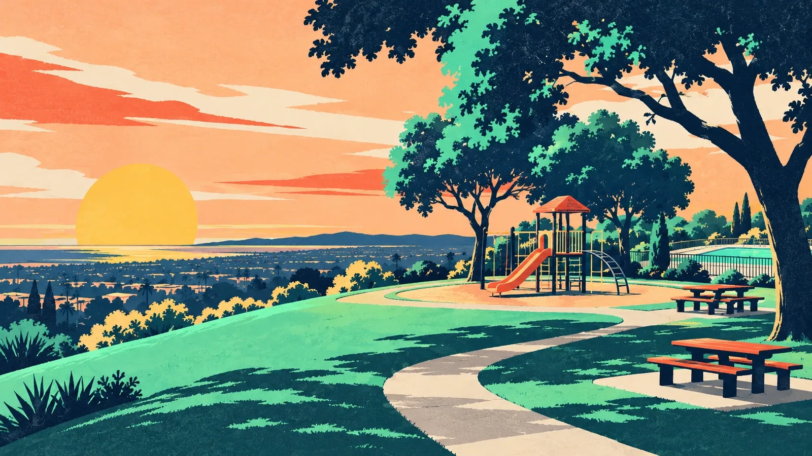 Generated poster art of a hilltop park with a playground, picnic tables under trees and a view over the city. Not a photograph.