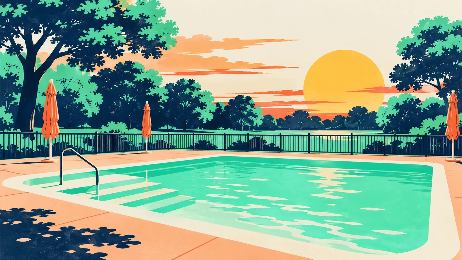 Generated poster art of a small outdoor pool with steps and a rail, a low fence, folded umbrellas and trees around. Not a photograph.