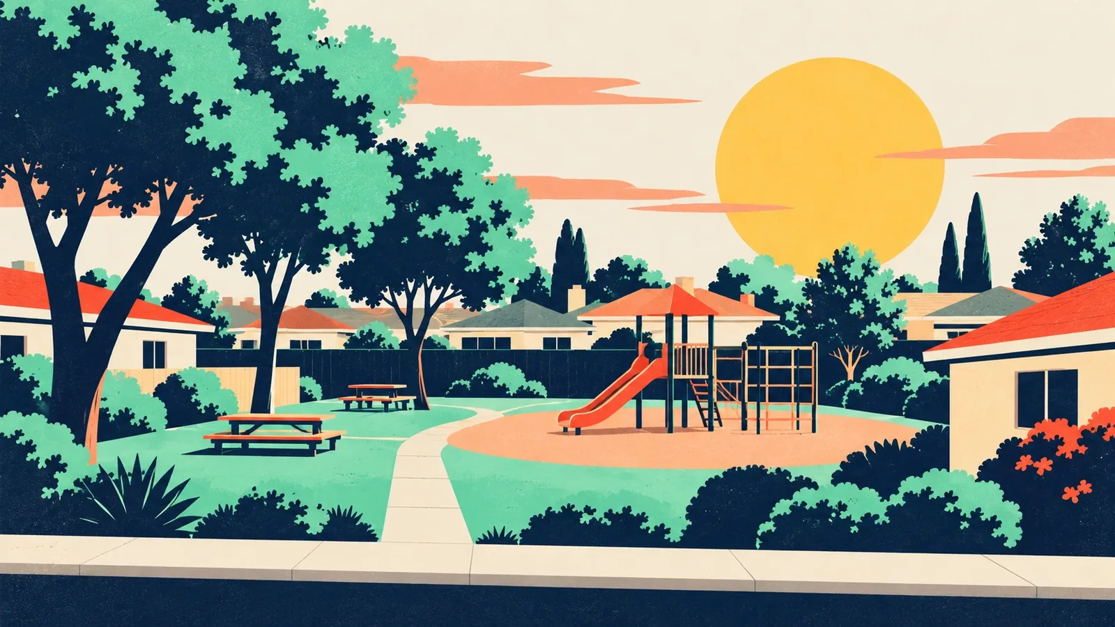 Generated poster art of a small pocket park with a playground and picnic tables tucked among houses. Not a photograph.