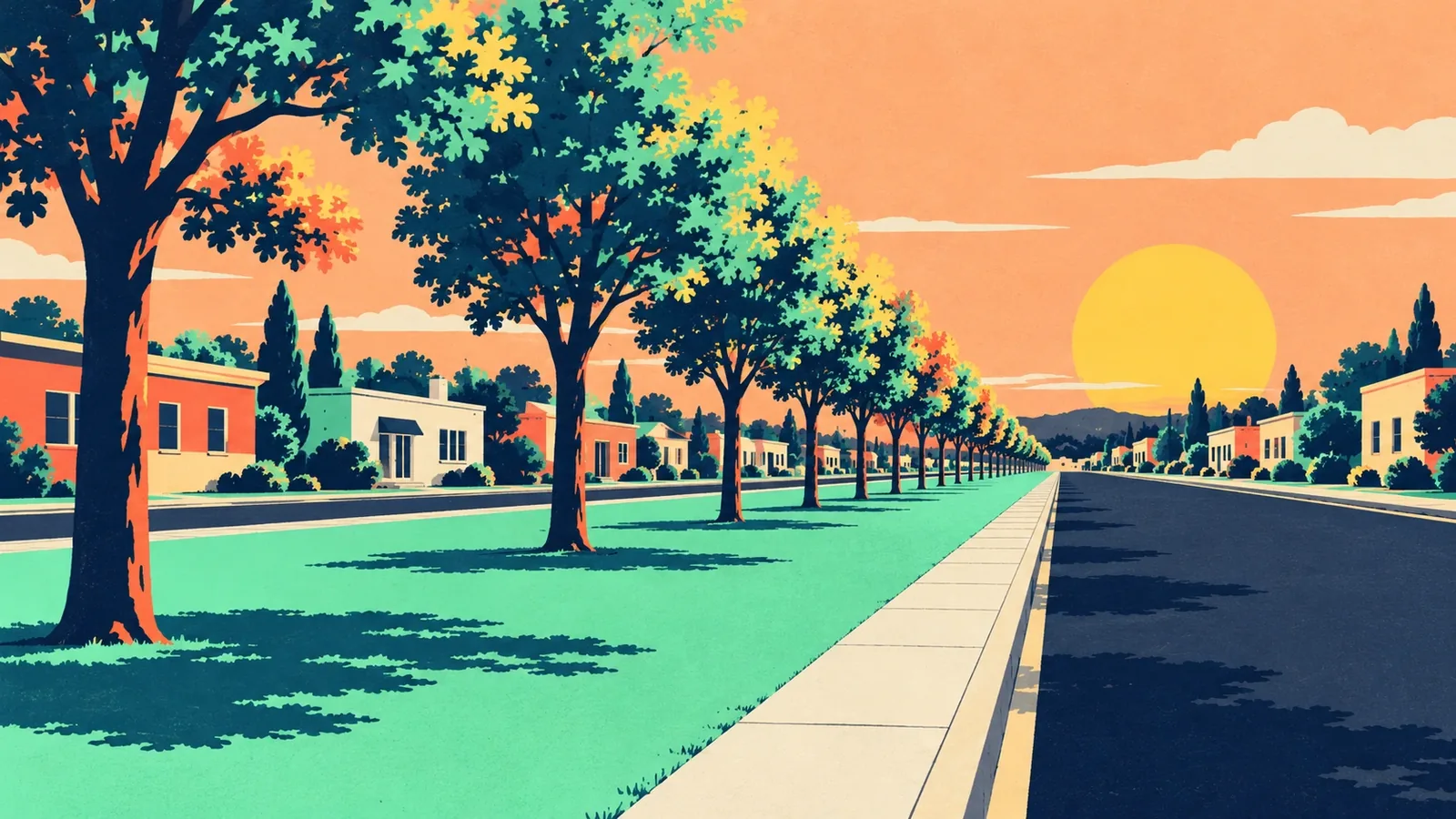 Generated poster art of a long narrow green beside an avenue, with a lawn and an even row of trees running into the distance. Not a photograph.