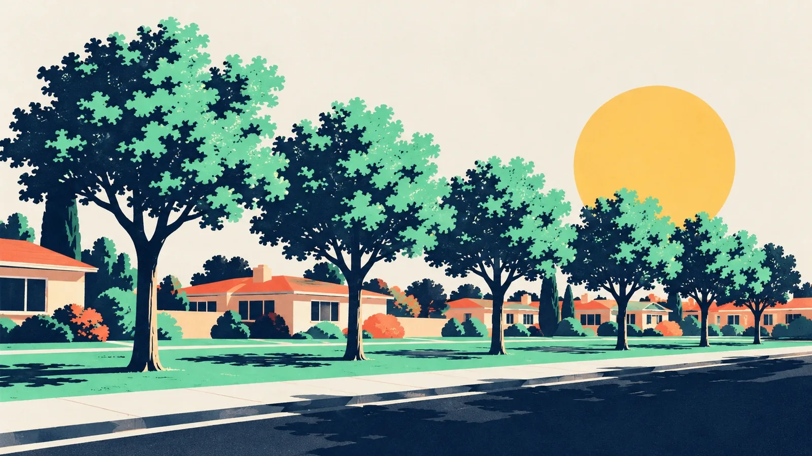 Generated poster art of a narrow strip park with a lawn and a row of trees along a quiet residential street. Not a photograph.