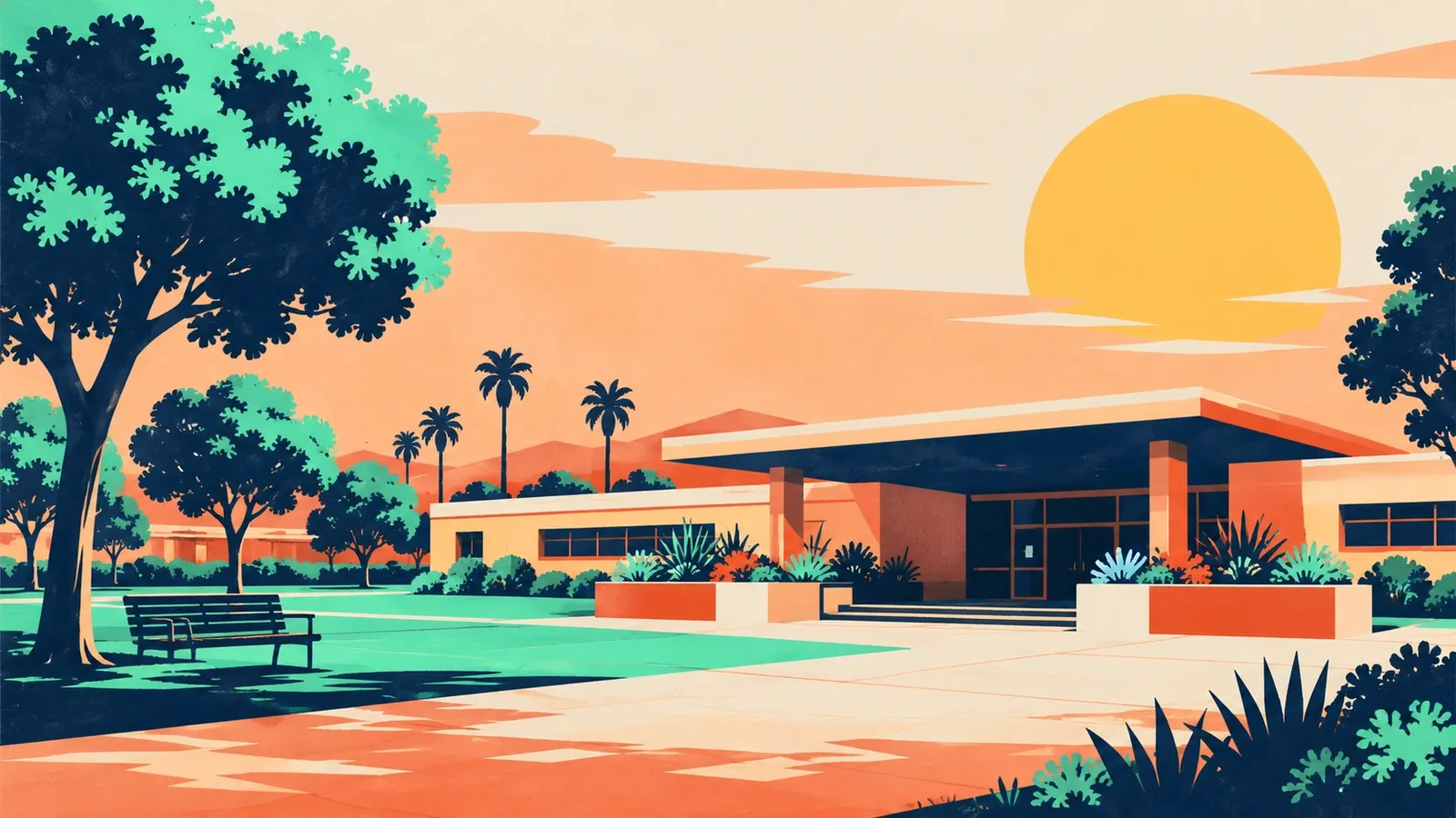 Generated poster art of a low single-story community center with a shaded entry, planters and a bench under a big tree. Not a photograph.